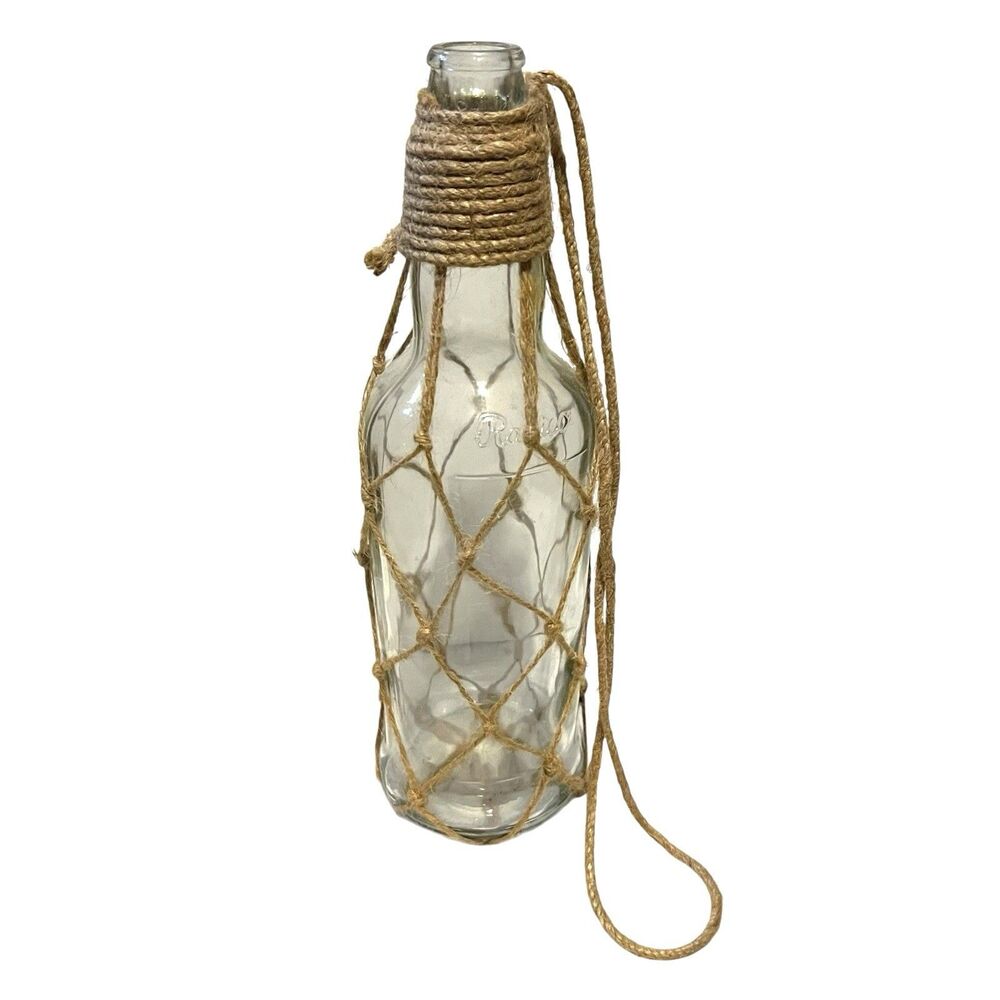Clear Glass Bottle Jute Rope Net Wrapped Nautical Coastal Decor Vase 11"